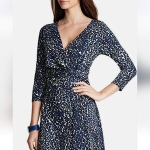 Ann Taylor Animal Print Faux Wrap Jersey Dress Medium Petite 3/4 Sleeve
